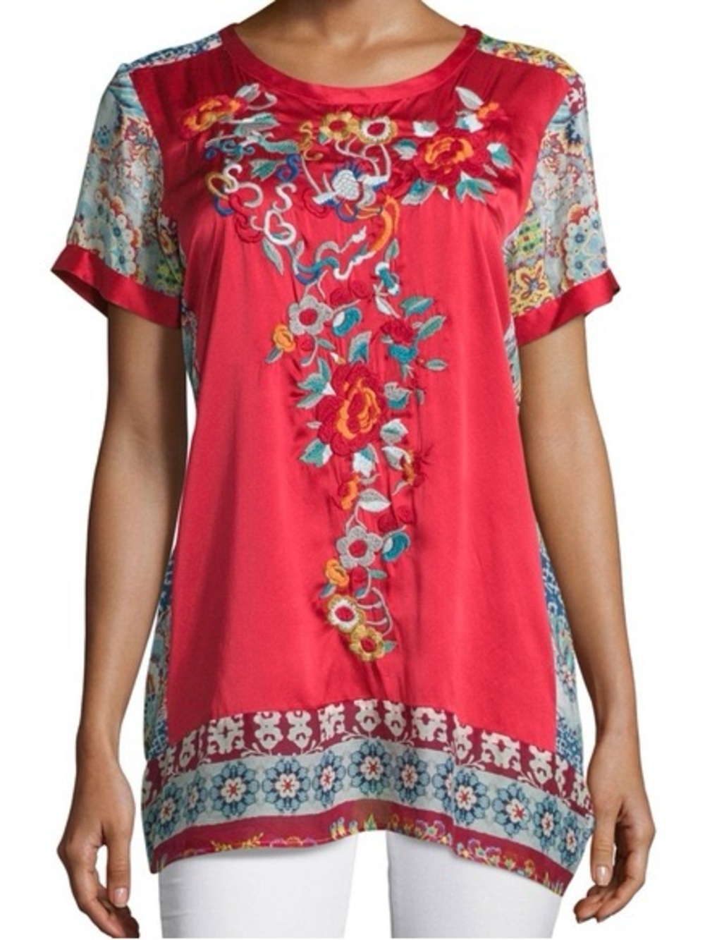 Johnny Was Red Embroidered Floral Short Sleeve Tunic